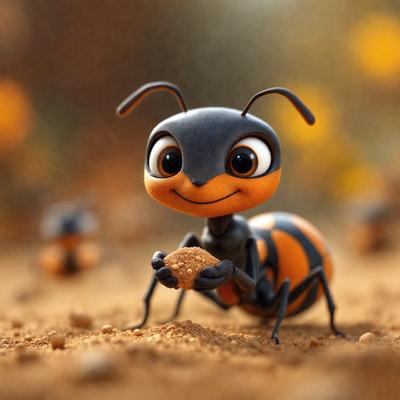 The primary subject of the image is a cute, cartoon-like insect, possibly a ladybug, with a big smile on its face. The insect is holding a piece of food in its hands, and it appears to be enjoying the moment. The setting is a dirt field, and the visual style is a digital art or illustration. The colors are predominantly orange and brown, creating a warm and friendly atmosphere.
